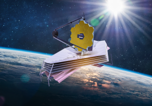 Representaçaõ gráfica do Satélite James Webb, uma das Descobertas Científicas Incríveis de 2023.